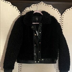 Black Teddy Jacket with Faux Leather Accents
